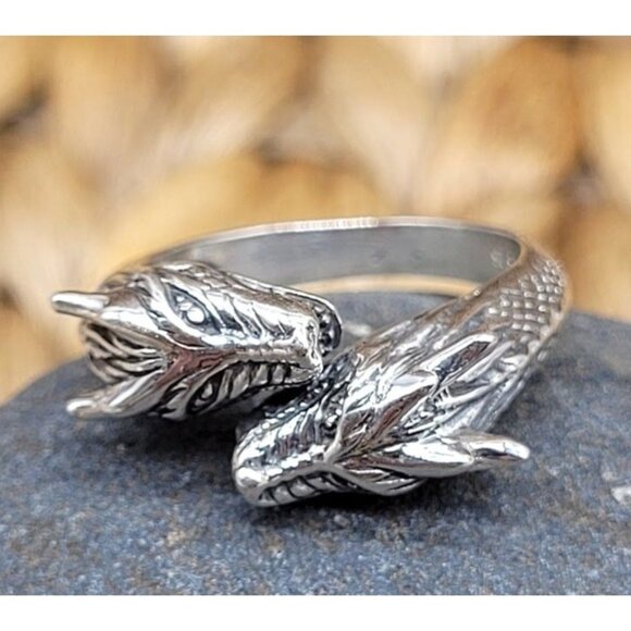 NEW Double Dragon Sterling Silver Ring Mythical Design Fantasy Game Thrones Goth - Picture 1 of 8